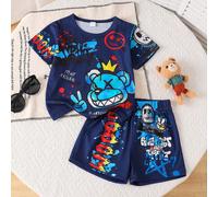 2 pezzi/set Top a maniche corte con stampa corona e lettera e pantaloncini, adatto per bambini dai 3 ai 7 anni, ideale per sport, casual, attività all'aperto 6Y,7Y,4Y,5Y,2-3YFumetto,GraficoTessuto in