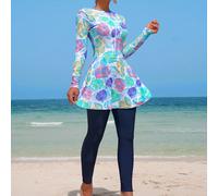 2 pezzi/set Top a maniche lunghe con chiusura lampo a metà vita e stampa casuale di conchiglie colorate su base bianca e abito a-line con leggings, bikini per donne del Medio Oriente L,M,S,XLPiantePol