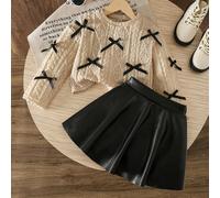 2 pezzi/set Top a maniche lunghe con fiocco e gonna in pelle PU nera per ragazze, completo di maglia dolce e gonna mini adatto per vacanze, feste, regali, primavera/autunno 6Y,7Y,8Y,4Y,5YBlocchi di co