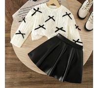 2 pezzi/set Top a maniche lunghe con fiocco e gonna in pelle PU nera per ragazze, completo di maglia dolce e gonna mini adatto per vacanze, feste, regali, primavera/autunno 6Y,7Y,8Y,4Y,5YHalloweenPoli