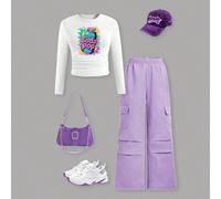 2 pezzi Set: Top a maniche lunghe con stampa di lettere di bibite e stile graffiti cartoni animati anime, e pantaloni cargo a gamba dritta, look casual di moda per ragazze, autunno/inverno 8Y,9Y,10Y,1