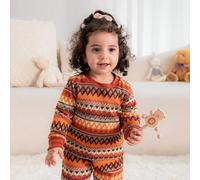 2 pezzi Set Top a maniche lunghe e pantaloni in maglia artigianale retrò per bambina, in tessuto morbido e confortevole, per uso all'aperto 6-9M,9-12M,12-18M,18-24M,2-3Y,3-6MGeometricoTessuto in magli
