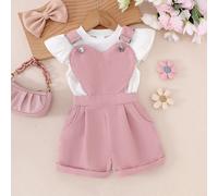 2 pezzi Set Top bianco a maniche corte e pantaloncini salopette beige per bimbe, casual per all'aperto, leggero per l'estate 6Y,7Y,4Y,5Y,6-9M,9-12M,12-18M,18-24M,2-3YGeometricoVelluto a coste,Tessuto