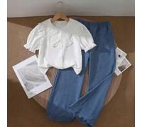 2 pezzi/set Top bianco dolce ed energico abbinato a pantaloni ampi blu per ragazze giovani, top realizzato in tessuto tessuto morbido con colletto floreale per un aspetto carino, design con bottoni fr