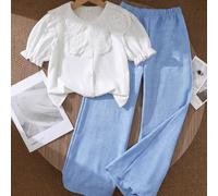 2 pezzi/set Top bianco dolce ed energico abbinato a pantaloni ampi blu per ragazze giovani, top realizzato in tessuto tessuto morbido con colletto floreale per un aspetto carino, design con bottoni fr