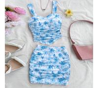 2 pezzi Set top canottiera attillato e minigonna a fiori blu tie-dye da donna, ideale per appuntamenti di San Valentino, pomeriggio del tè, outfit da festa per vacanze in isola L,M,S,XL,XS,XXL,XXS,XXX