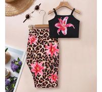 2 pezzi Set top canottiera e minigonna aderente in vita elastica con stampa leopardata e giglio, adatto per uso casual quotidiano, vacanze al mare, feste, celebrazioni, ritorno a scuola, estate 6Y,7Y,