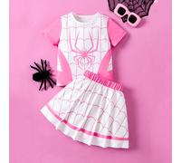 2 pezzi/Set Top casual con stampa ragno e collo rotondo a maniche corte & Gonna per ragazze giovani, versatile per uso all'aperto, parco, casa, scuola, primavera/estate 6Y,7Y,8Y,4Y,5YAnimale,Geometric