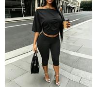 2 pezzi/Set Top casual estivo da donna a tinta unita con spalle scoperte e leggings,Camicetta da donna per il pendolarismo quotidiano con una spalla e pantaloni sollevanti il sedere eleganti neri L,M,
