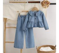 2 pezzi/Set Top con colletto Peter Pan dolce e carino per ragazze giovani & Pantaloni lunghi in denim blu casual da esterno, vestibilità corta e ampia, si prega di ordinare una taglia in più 6Y,7Y,4Y,
