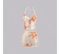 2 pezzi/set Top corto con spalline a spaghetti con paillettes e minigonna aderente e luccicante, outfit alla moda e accattivante, nuovo arrivo per la primavera precoce, stile dolce e subculturale per 