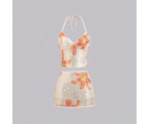 2 pezzi/set Top corto con spalline a spaghetti con paillettes e minigonna aderente e luccicante, outfit alla moda e accattivante, nuovo arrivo per la primavera precoce, stile dolce e subculturale per 