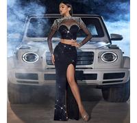 2 pezzi / Set Top corto luccicante con strass e perle e gonna lunga con spacco e paillettes, abito da festa L,M,S,XLBlocchi di colore,Colore unico,stampa dappertuttoPaillettes,Tessuto in tulle