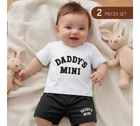 2 pezzi/Set Top e pantaloncini in maglia con stampa di lettere, comodi, casual, minimalisti e preppy per neonati. Adatti per primavera/estate, attività al chiuso, attività all'aperto, uso quotidiano, 