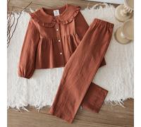 2 pezzi/set top e pantaloni casual per ragazze, in stile campagnolo, in cotone, adatti per l' autunno e l' inverno, colore marrone 6Y,7Y,4Y,5YColore unicoTessuto
