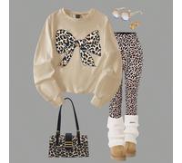 2 pezzi/set Top girocollo cammello con stampa leopardata e fiocco, pantaloni larghi abbinati con stampa digitale leopardata, top comodo e leggings aderenti, abbigliamento sportivo casual per la vita q
