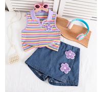 2 pezzi/Set Top polo senza maniche da ragazza estivo nuovo in maglia testurizzata a righe con colletto polo a contrasto di colore, molletta-on, patchwork frontale con decorazione ricamata 3D e gonna-p