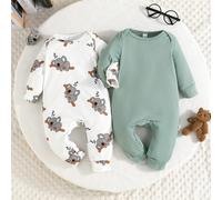 2 pezzi/set Tuta a maniche lunghe con scollo a giro per neonati/bambini con stampa di koala e colore unito, comoda per uso esterno, primavera/autunno 6-9M,9-12M,12-18M,1-3M,3-6MAnimalePoliestere