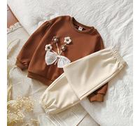 2 pezzi/set Tuta casual da ragazza con felpa e pantaloni, comoda per la transizione primavera/autunno, stile campagnolo, alla moda e versatile per l'uso quotidiano 6Y,7Y,4Y,5YBlocchi di coloreTessuto