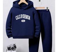 2 pezzi/set Tuta casual da ragazzo pre-adolescente con stampa a lettere in pile, felpa con cappuccio e pantaloni, colore grigio scuro melange 8Y,9Y,10Y,14Y,11Y,12Y,13YA strisceTessuto in maglia