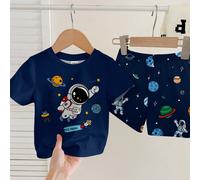 2 pezzi/set tuta da bambino maschio casual e carina, con grafica stampata di astronauta e galassia, maglietta a maniche corte e pantaloncini, adatto per l'estate 6-9M,9-12M,12-18M,18-24M,2-3YColore un