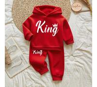 2 pezzi/set Tuta da bambino maschio in pile con cappuccio, stampa corona e scritta "Re", e pantaloni in pile con stampa corona e scritta, adatta per uscite in autunno/inverno 6-9M,9-12M,12-18M,18-24M,