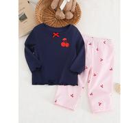 2 pezzi/Set Tuta da casa per bambine, composta da top a maniche lunghe e pantaloni, in blu navy con stampa di ciliegie, adatta per primavera/autunno 6-9M,9-12M,12-18M,18-24M,2-3YGraficoTessuto