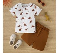 2 pezzi/Set Tuta estiva per bimbi piccoli, composta da maglietta a maniche corte con stampa di dinosauri all-over e pantaloncini tinta unita 2-3Y,3-4Y,4-5Y,5-6Y,6-7YFumetto,DinosauroPoliestere