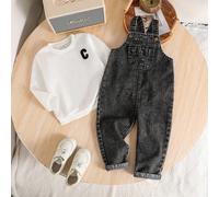 2 pezzi/set Tuta per bimbo/a in pile con collo a giro e pantaloni salopette in jeans nero, comoda e casual, adatta per uso interno, esterno, quotidiano, sport, feste, vacanze, ritorno a scuola, autunn