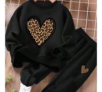 2 pezzi/set Tuta sportiva con stampa leopardata a forma di cuore, composta da felpa e pantaloni jogger morbidi e ampi, con tasche, lavabile in lavatrice, di moda per l'autunno, adatta per viaggi, riun