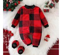 2 pezzi/set Tutina a maniche lunghe con collo a giro e polsini in flanella a quadri e scaldamuscoli per bambini piccoli, adatto per l'atmosfera natalizia, autunno/inverno 6-9M,9-12M,12-18M,18-24M,1-3M