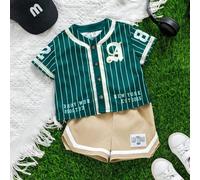2 pezzi/Set Unisex Neonato/Bambina Giacca da baseball verde, Camicia a maniche corte e Pantaloncini in maglia, Completo sportivo, Abbigliamento Primavera/Estate per Neonato Maschio 6-9M,9-12M,12-18M,1