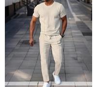 2 pezzi/Set Uomo Casual Solido Beige Camicia Manica Corta e Pantaloni Due Pezzi, Completo Estivo Crema. Un Ottimo Regalo per il Fidanzato o il Marito, Outfit Comodi L,M,S,XLColore unicoPoliestere