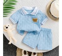 2 pezzi Set uomo estivo nuovo, polo con colletto in tessuto jacquard ricamato con orso e pantaloncini casual 6-9M,9-12M,12-18M,18-24M,2-3YFumetto,GraficoPoliestere