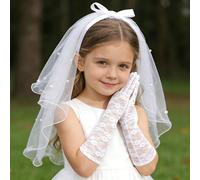 2 pezzi/set Velo e guanti bianchi con fiocco e perle finte per ragazze, adatti per comunione, costume da principessa, matrimonio, festa di compleanno, Pasqua e altre occasioni 3-8YColore unicoPolieste