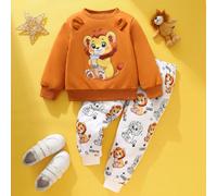 2 pezzi/set Vestiti per bambini, stile alla moda e carino, nuovo design primavera/autunno, motivo del leone che beve il bubble tea, design con orecchie 3D manica lunga felpa + pantaloni casual con sta