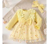 2 pezzi/Set Vestito a maniche lunghe per neonati primavera/autunno giallo stile dolce e carino con decorazione floreale 3D margherita in rete patchwork vestibilità ampia e comoda adatto per uscite quo