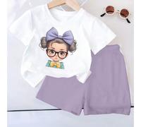 2 pezzi/set Vestito da ragazza bebé stile college con stampa, top a maniche corte e pantaloncini comodi e casual per uso quotidiano 6-9M,9-12M,12-18M,18-24M,2-3YFumetto,RitrattoTessuto in maglia