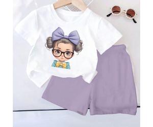 2 pezzi/set Vestito da ragazza bebé stile college con stampa, top a maniche corte e pantaloncini comodi e casual per uso quotidiano 6-9M,9-12M,12-18M,18-24M,2-3YFumetto,RitrattoTessuto in maglia