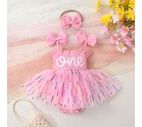 2 pezzi/set Vestito elegante e dolce per neonata e bambina, in 100% cotone, con ricamo a lettera, volant e fiocco, abbinato a un tutina a righe sfumate e rete, con fascia per capelli, adatto per uso q