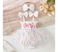 2 pezzi/set Vestito elegante e dolce per neonata e bambina, in 100% cotone, con ricamo a lettera, volant e fiocco, abbinato a un tutina a righe sfumate in rete, con fascia per la testa. Adatto per la 