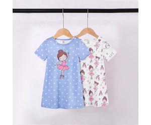 2 pezzi/set Vestito pigiama lungo con maniche corte e stampa di ballerina per bambina, stile rosa dolce e femminile, nuovo per primavera/estate 2026, atmosfera rilassata e comoda per vacanze, set di a