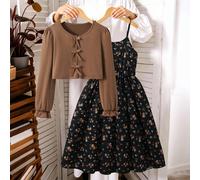 2 pezzi Set vintage floreale a due pezzi per ragazze pre-adolescenti, cardigan corto con bottoni a forma di rana color caffè, maniche a palloncino con polsini arricciati, tessuto morbido e delicato su