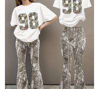 2 pezzi/set Vintage, stile sportivo college, motivo 98, mimetico e stampa foglia appassita, outfit casual per ragazze pre-adolescenti, maglietta a maniche corte con collo tondo e pantaloni a zampa, ad