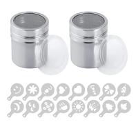 2 Pezzi Spargi Zucchero a Velo e Cacao in Acciaio Spargi Cacao in Polvere Inossidabile con Coperchio Include 16 Stencil per Decorare Caffè Cappuccino Per Cacao, Matcha, per Pasticceria e Casa