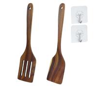 2 Pezzi Spatole da Cucina in Legno, Mestoli Legno Massiccio Resistenti al Calore, Utensili Cucina Antiaderenti con Scanalature, Set Spatole per Pentole e Wok