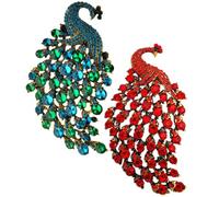 2 Pezzi Spilla Decorativa con Pietre Brillanti, Piume e Pavone | Regalo per Colleghe, Lega Lucida, Stile Raffinato, per Matrimoni e Balli, Verde e Rosso