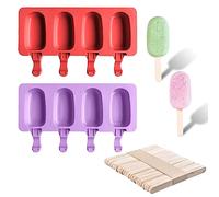 2 pezzi stampi per gelato, 50 pezzi bastoncini di legno, set di stampi per gelato in silicone, stampi per ghiaccioli ovali a 4 cavità, gelatiera fai-da-te (rosso, viola)