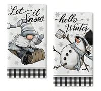 2 pezzi Strofinacci da cucina invernali con pupazzo di neve, gnomo e motivo scozzese. Strofinaccio da bagno con fiocchi di neve e scritta "I fiocchi di neve sono baci dal cielo" in blu. Decorazioni na