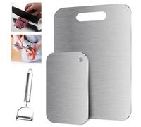 2 Pezzi Tagliere In Acciaio Inox Alimentare 34 X 23 cm + 24 X 15 cm, Bifacciale Tagliere Titanio con Pelapatate, Tagliere In Titanio per Cucina Per Tagliare Carne, Frutta, Verdura e Stendere la Pasta